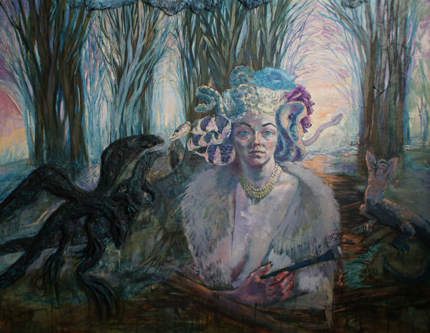 A woman in the winter light looks in a cruel mirror.The light shines through the grave trees.Somewhere fighting reptiles.