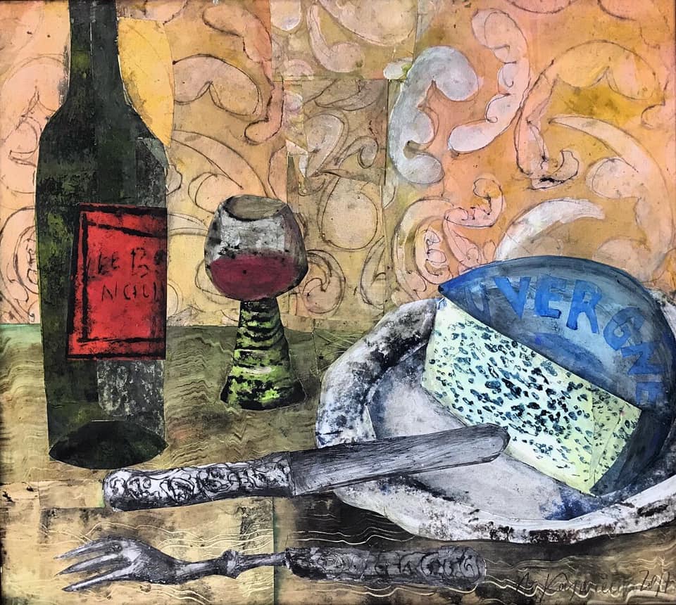Still life with cheese and wine